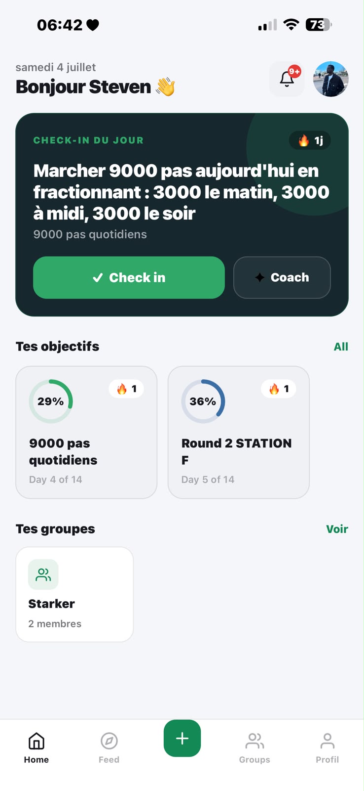 Écran d'accueil de gool — check-in du jour et objectifs